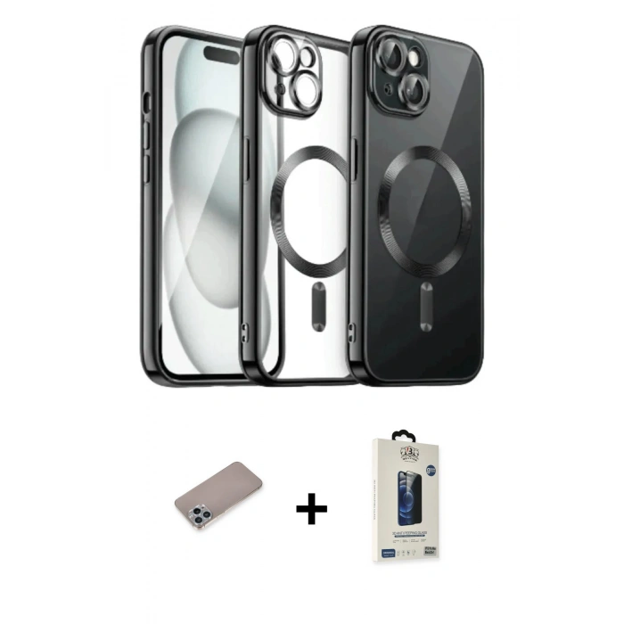 MARSİLYAN™- iPhone 12 Pro Max Kılıf Nova Işık Özel Seri - Siyah Bilvis Hayalet Cam Ekran Koruyucu + Shine Kamera Lens Koruma Cam - SABE