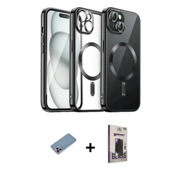 MARSİLYAN™- iPhone 12 Pro Max Kılıf Nova Işık Özel Seri - Siyah Bilvis Hayalet Cam Ekran Koruyucu + Shine Kamera Lens Koruma Cam - PE