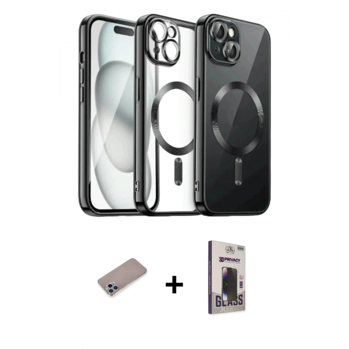 MARSİLYAN™- iPhone 12 Pro Max Kılıf Nova Işık Özel Seri - Siyah Bilvis Hayalet Cam Ekran Koruyucu + Shine Kamera Lens Koruma Cam - SABE