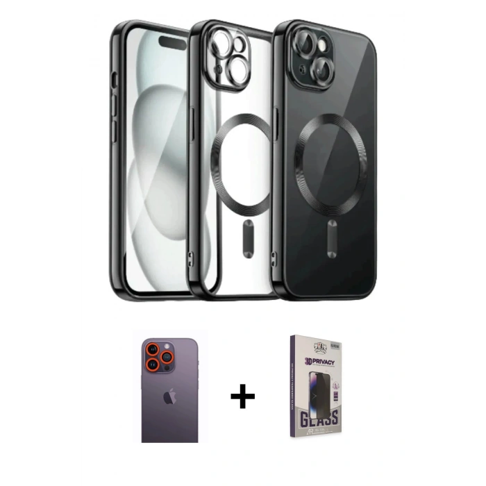 MARSİLYAN™- iPhone 12 Pro Max Kılıf Nova Işık Özel Seri - Siyah Bilvis Hayalet Cam Ekran Koruyucu + Neon Fosforlu Kamera Lens - TU