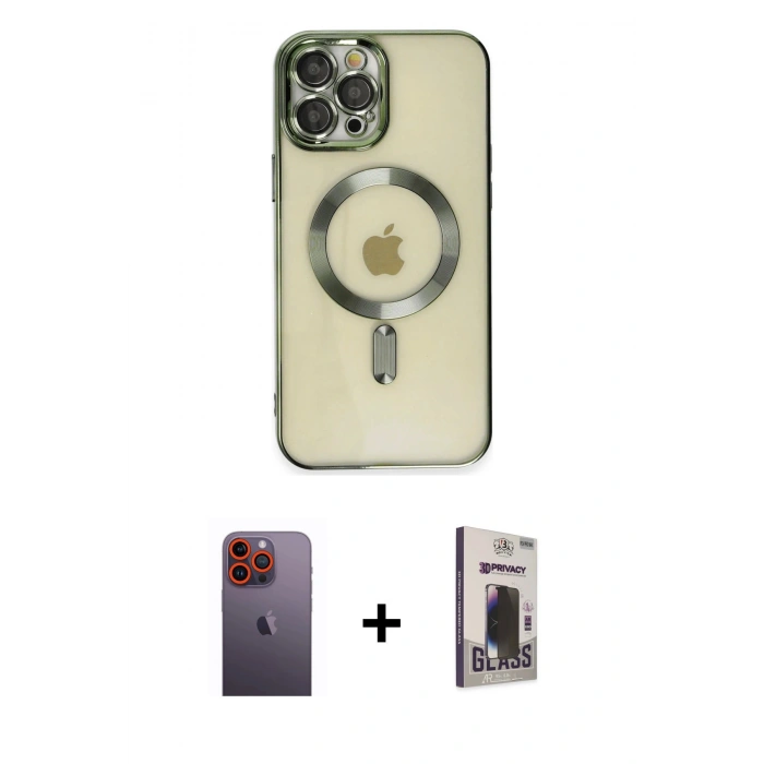 MARSİLYAN™- iPhone 12 Pro Max Kılıf Nova Işık Özel Seri - Siyah Bilvis Hayalet Cam Ekran Koruyucu + Neon Fosforlu Kamera Lens - TU