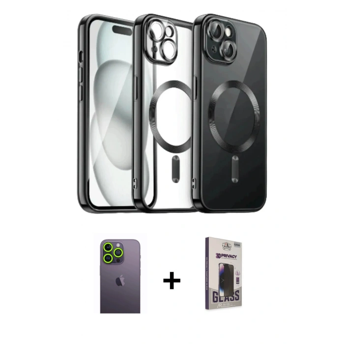 MARSİLYAN™- iPhone 12 Pro Max Kılıf Nova Işık Özel Seri - Siyah Bilvis Hayalet Cam Ekran Koruyucu + Yeşil Neon Fosforlu Kamera Lens