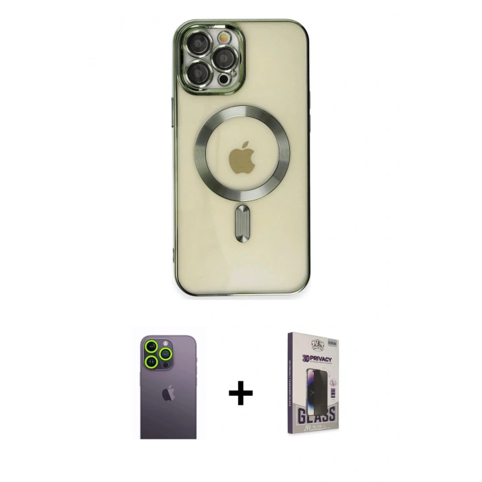 MARSİLYAN™- iPhone 12 Pro Max Kılıf Nova Işık Özel Seri - Siyah Bilvis Hayalet Cam Ekran Koruyucu + Yeşil Neon Fosforlu Kamera Lens