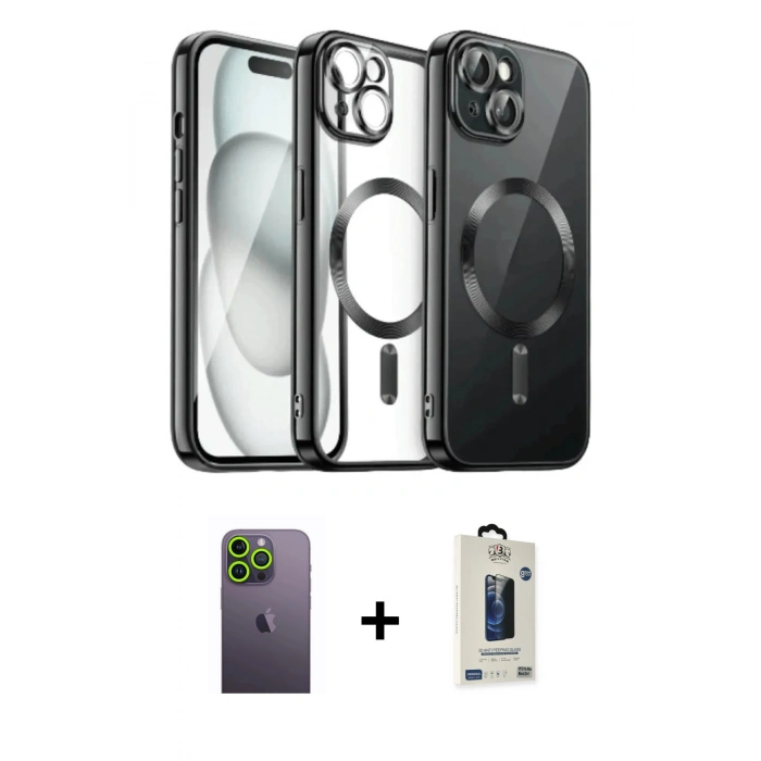 MARSİLYAN™- iPhone 12 Pro Max Kılıf Nova Işık Özel Seri - Siyah Bilvis Hayalet Cam Ekran Koruyucu + Neon Fosforlu Kamera Lens - YL