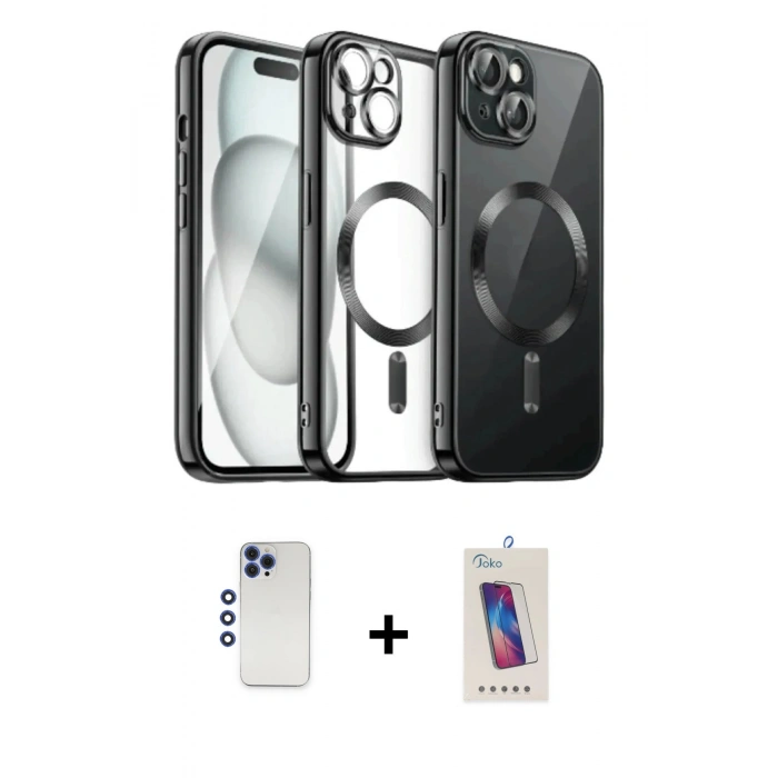 MARSİLYAN™- iPhone 12 Pro Max Kılıf Nova Işık Özel Seri - Siyah Joko 5D Cam + Lacivert Shine Kamera Lens