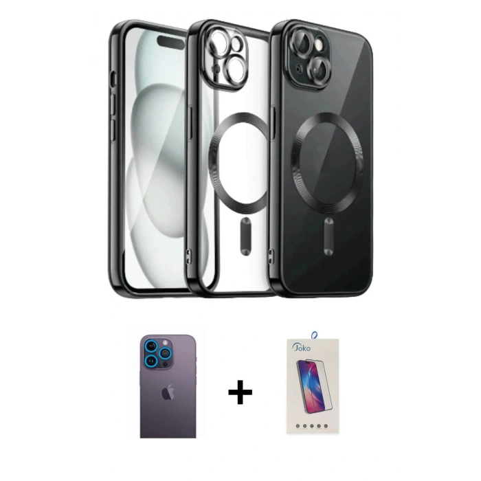 MARSİLYAN™- iPhone 12 Pro Max Kılıf Nova Işık Özel Seri - Siyah Joko 5D Cam + Mavi Neon Fosforlu Kamera Lens