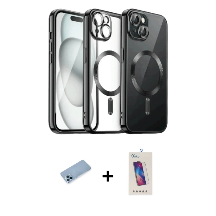 MARSİLYAN™- iPhone 12 Pro Max Kılıf Nova Işık Özel Seri - Siyah Joko 5D Cam + Mavi Shine Kamera Lens Koruma Cam