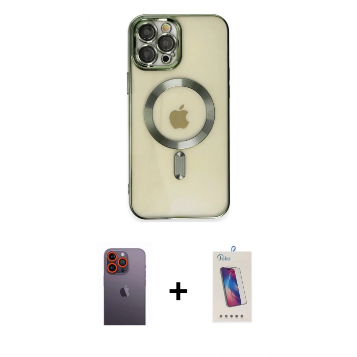 MARSİLYAN™- iPhone 12 Pro Max Kılıf Nova Işık Özel Seri - Siyah Joko 5D Cam + Turuncu Neon Fosforlu Kamera Lens