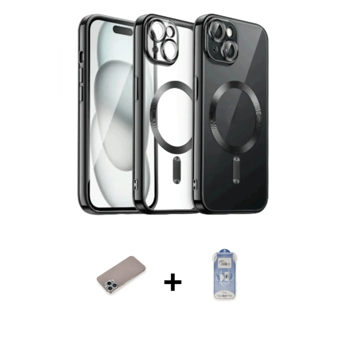 MARSİLYAN™- iPhone 12 Pro Max Kılıf Nova Işık Özel Seri - Siyah Joko Magic 5D Cam + Sierra Blue Shine Kamera Lens Koruma Cam
