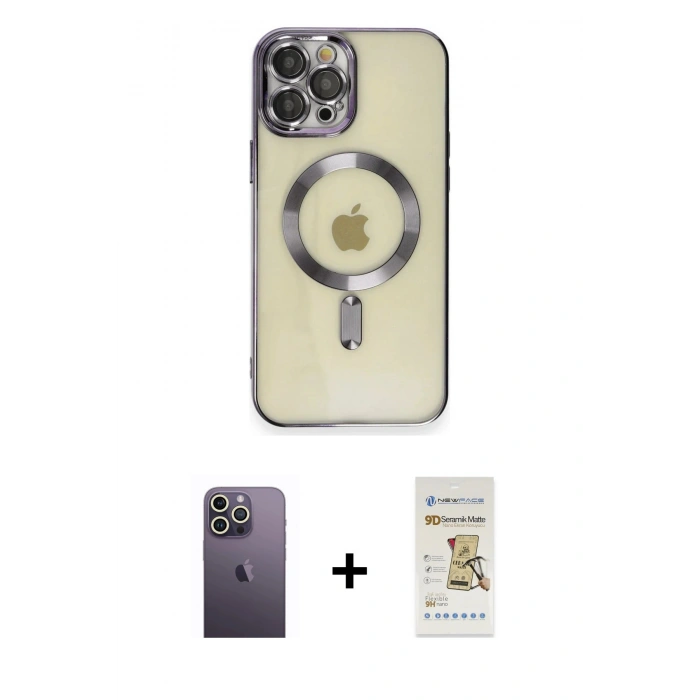MARSİLYAN™- iPhone 12 Pro Max Kılıf Nova Işık Özel Seri - Siyah Mat Seramik Nano Ekran Koruyucu + Beyaz Neon Fosforlu Kamera Lens