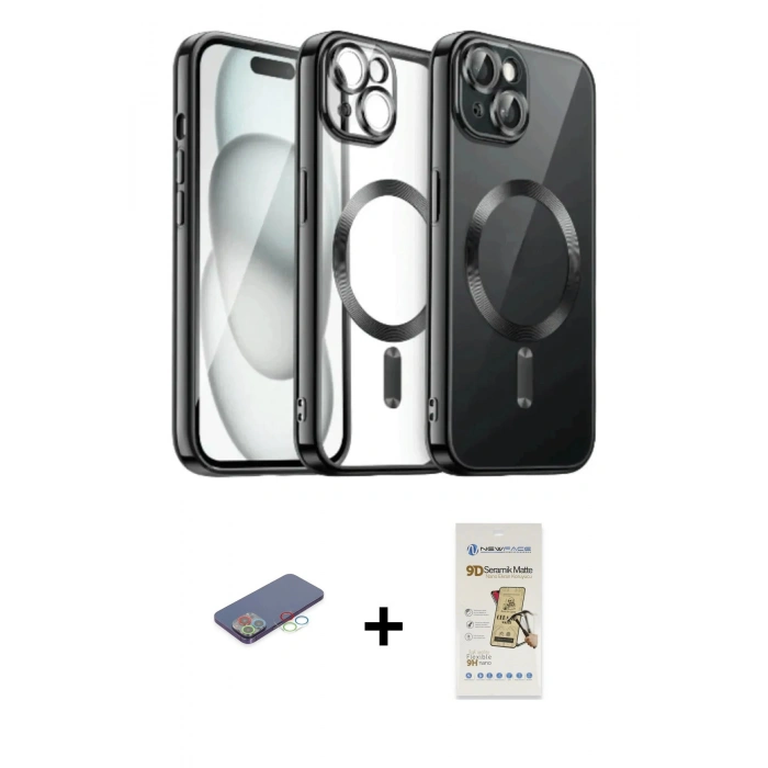 MARSİLYAN™- iPhone 12 Pro Max Kılıf Nova Işık Özel Seri - Siyah Mat Seramik Nano Ekran Koruyucu + Mavi Renkli Kamera Lens Koruma Cam