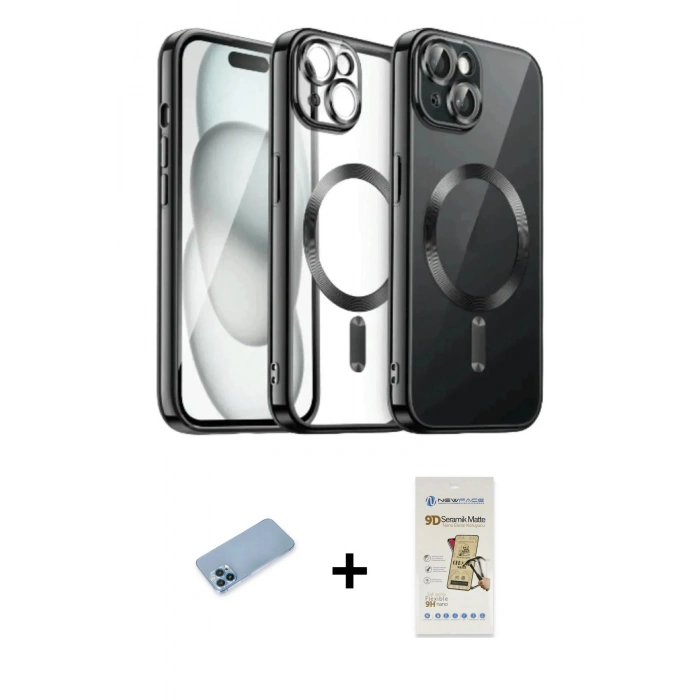 MARSİLYAN™- iPhone 12 Pro Max Kılıf Nova Işık Özel Seri - Siyah Mat Seramik Nano Ekran Koruyucu + Mavi Shine Kamera Lens Koruma Cam