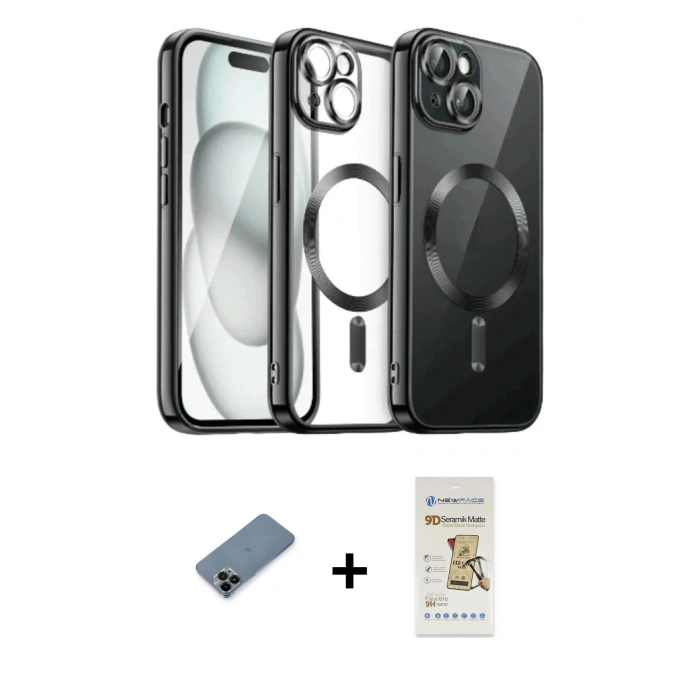 MARSİLYAN™- iPhone 12 Pro Max Kılıf Nova Işık Özel Seri - Siyah Mat Seramik Nano Ekran Koruyucu + Siyah Shine Kamera Lens Koruma Cam