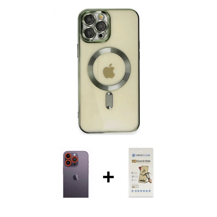 MARSİLYAN™- iPhone 12 Pro Max Kılıf Nova Işık Özel Seri - Siyah Mat Seramik Nano Ekran Koruyucu + Neon Fosforlu Kamera Lens - TU