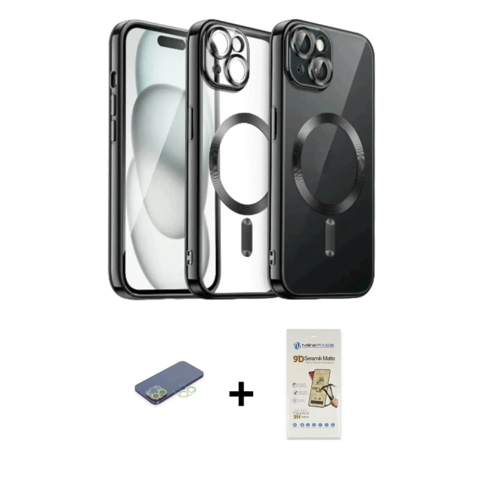 MARSİLYAN™- iPhone 12 Pro Max Kılıf Nova Işık Özel Seri - Siyah Mat Seramik Nano Ekran Koruyucu + Renkli Kamera Lens Koruma Cam - YL