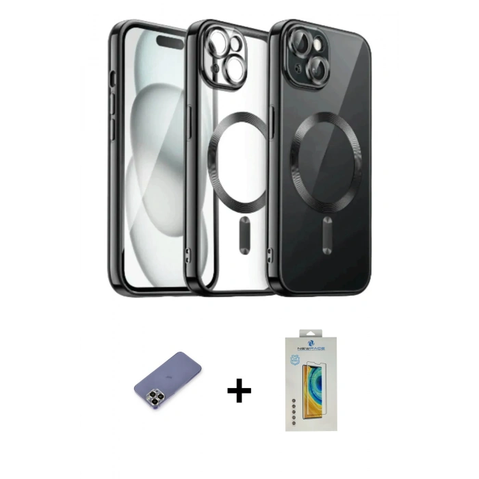 MARSİLYAN™- iPhone 12 Pro Max Kılıf Nova Işık Özel Seri - Siyah Polymer Nano Ekran Koruyucu + Metal Kamera Lens Koruma Cam - GD
