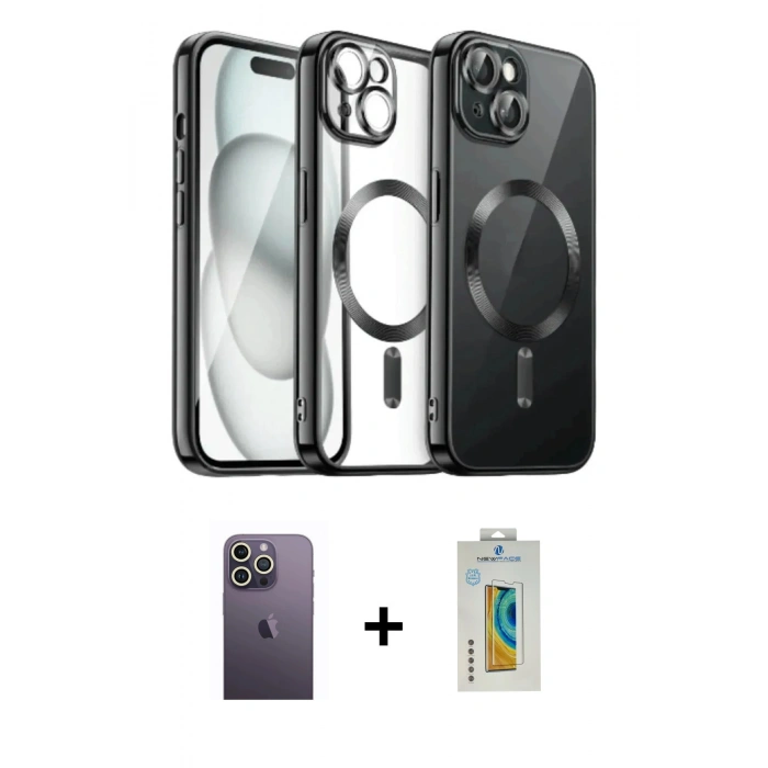 MARSİLYAN™- iPhone 12 Pro Max Kılıf Nova Işık Özel Seri - Siyah Polymer Nano Ekran Koruyucu + Neon Fosforlu Kamera Lens - BZ