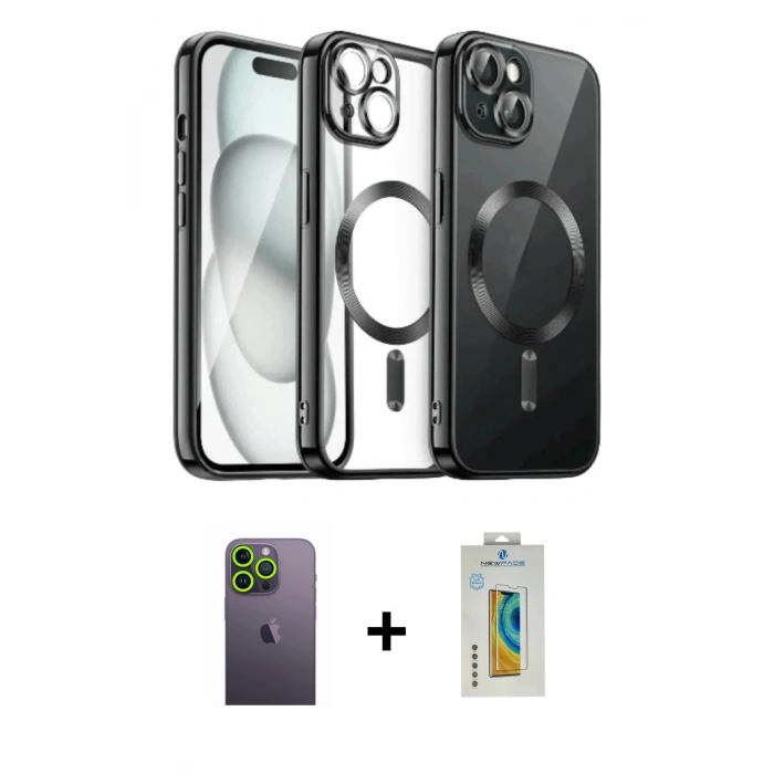 MARSİLYAN™- iPhone 12 Pro Max Kılıf Nova Işık Özel Seri - Siyah Polymer Nano Ekran Koruyucu + Neon Fosforlu Kamera Lens - YL