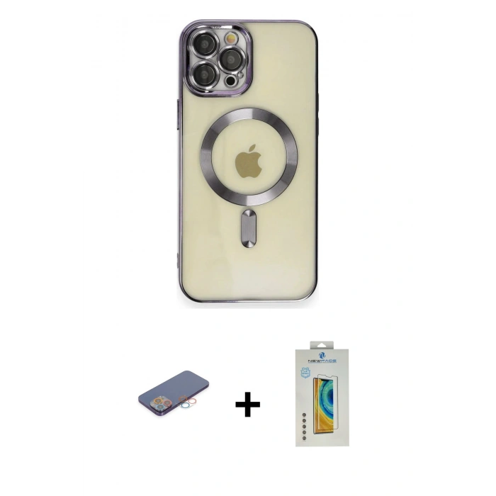 MARSİLYAN™- iPhone 12 Pro Max Kılıf Nova Işık Özel Seri - Siyah Polymer Nano Ekran Koruyucu + Pembe Renkli Kamera Lens Koruma Cam