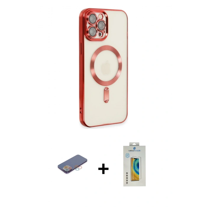 MARSİLYAN™- iPhone 12 Pro Max Kılıf Nova Işık Özel Seri - Siyah Polymer Nano Ekran Koruyucu + Pembe Renkli Kamera Lens Koruma Cam