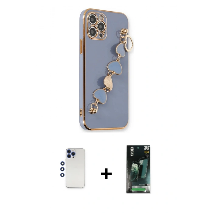 MARSİLYAN™- iPhone 12 Pro Max Kılıf Nova Işık Prime - Şeffaf 360 Full Body Arka Koruyucu + Lacivert Shine Kamera Lens