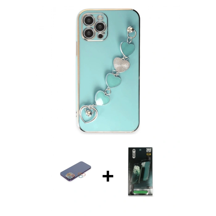 MARSİLYAN™- iPhone 12 Pro Max Kılıf Nova Işık Prime - Şeffaf 360 Full Body Arka Koruyucu + Pembe Renkli Kamera Lens Koruma Cam