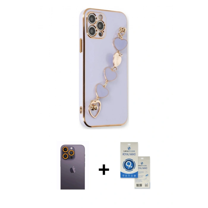 MARSİLYAN™- iPhone 12 Pro Max Kılıf Nova Işık Prime - Şeffaf Royal Nano Ekran Koruyucu + Neon Fosforlu Kamera Lens - SI