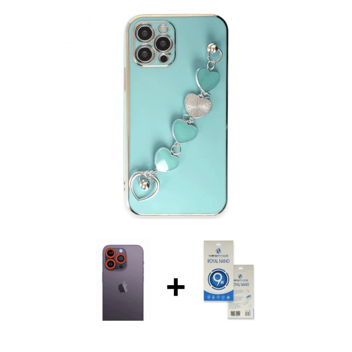 MARSİLYAN™- iPhone 12 Pro Max Kılıf Nova Işık Prime - Şeffaf Royal Nano Ekran Koruyucu + Neon Fosforlu Kamera Lens - TU