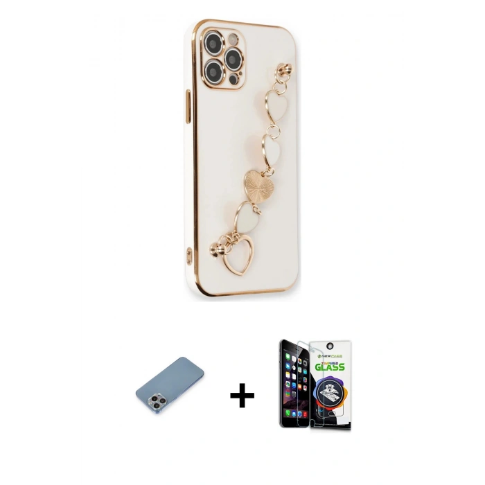MARSİLYAN™- iPhone 12 Pro Max Kılıf Nova Işık Prime - Şeffaf Temperli Cam Ekran Koruyucu + Gökkuşağı Shine Kamera Lens Koruma Cam