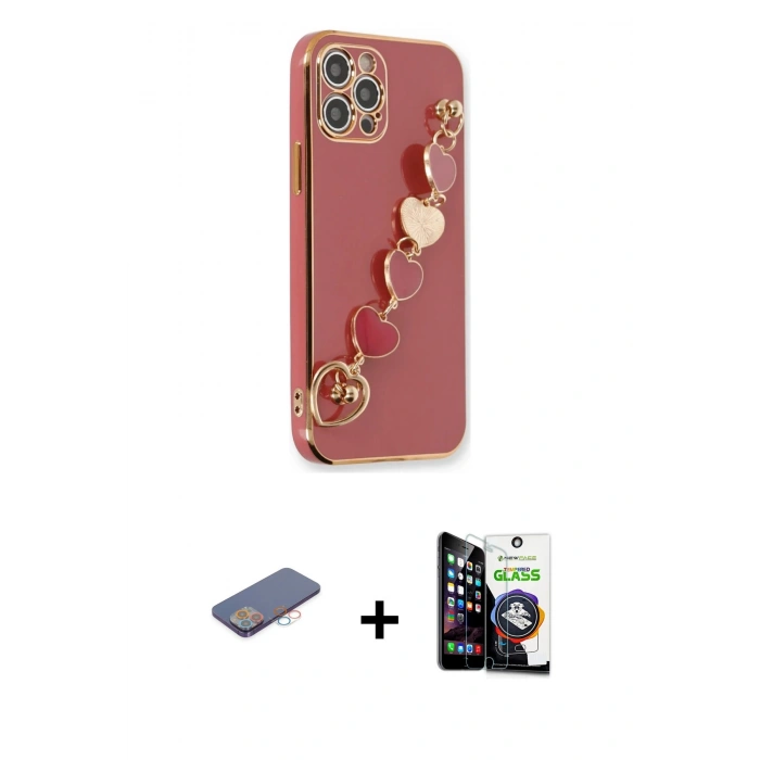 MARSİLYAN™- iPhone 12 Pro Max Kılıf Nova Işık Prime - Şeffaf Temperli Cam Ekran Koruyucu + Pembe Renkli Kamera Lens Koruma Cam