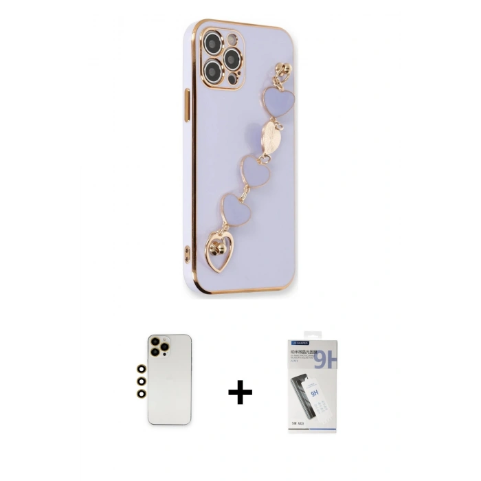MARSİLYAN™- iPhone 12 Pro Max Kılıf Nova Işık Prime - Şeffaf Uv Polymer Nano Ekran Koruyucu + Gold Shine Kamera Lens