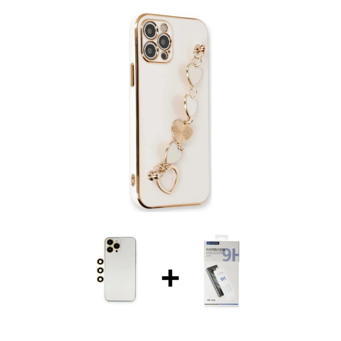 MARSİLYAN™- iPhone 12 Pro Max Kılıf Nova Işık Prime - Şeffaf Uv Polymer Nano Ekran Koruyucu + Gold Shine Kamera Lens