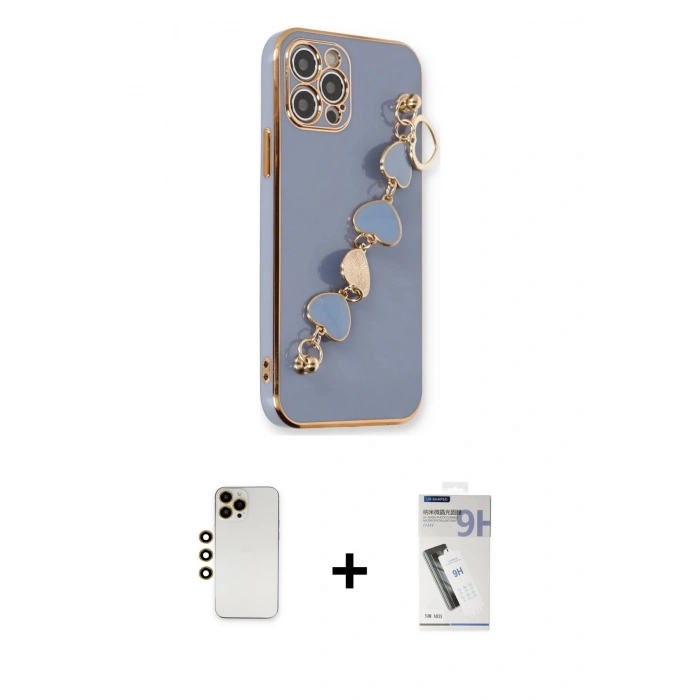 MARSİLYAN™- iPhone 12 Pro Max Kılıf Nova Işık Prime - Şeffaf Uv Polymer Nano Ekran Koruyucu + Gold Shine Kamera Lens