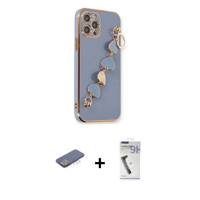 MARSİLYAN™- iPhone 12 Pro Max Kılıf Nova Işık Prime - Şeffaf Uv Polymer Nano Ekran Koruyucu + Mavi Renkli Kamera Lens Koruma Cam