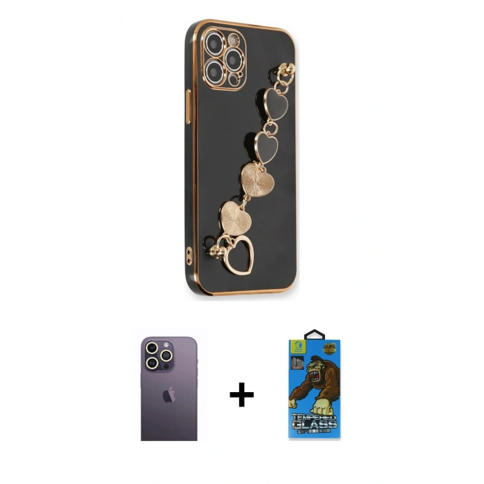 MARSİLYAN™- iPhone 12 Pro Max Kılıf Nova Işık Prime - Siyah 18D Cam Ekran Koruyucu + Neon Fosforlu Kamera Lens - BZ