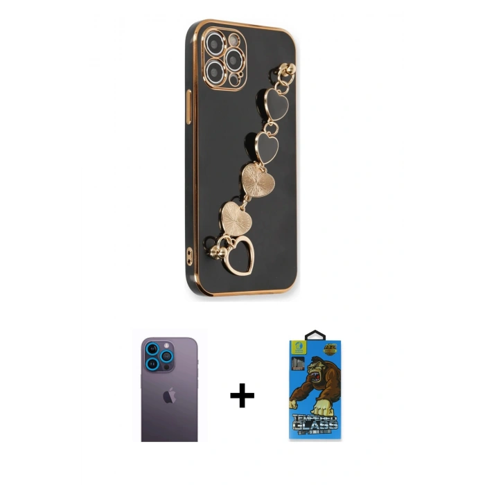 MARSİLYAN™- iPhone 12 Pro Max Kılıf Nova Işık Prime - Siyah 18D Cam Ekran Koruyucu + Neon Fosforlu Kamera Lens - MI