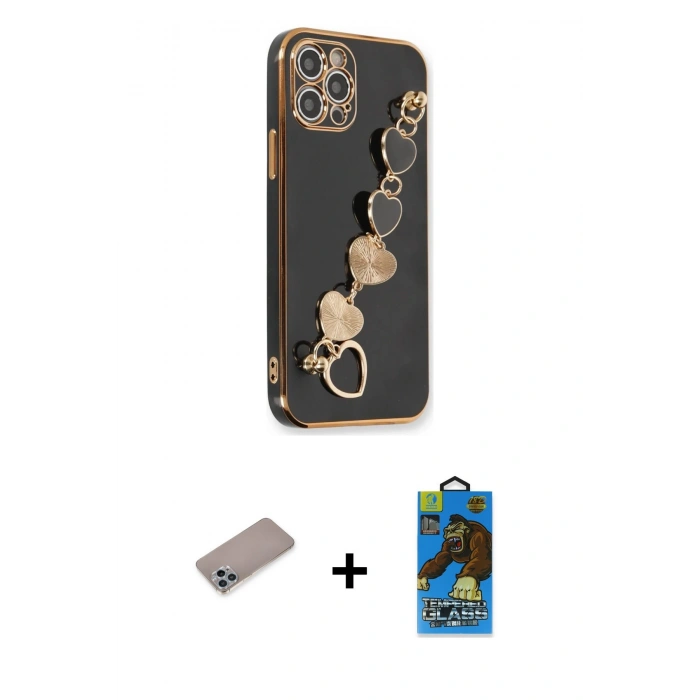 MARSİLYAN™- iPhone 12 Pro Max Kılıf Nova Işık Prime - Siyah 18D Cam Ekran Koruyucu + Shine Kamera Lens Koruma Cam - SABE