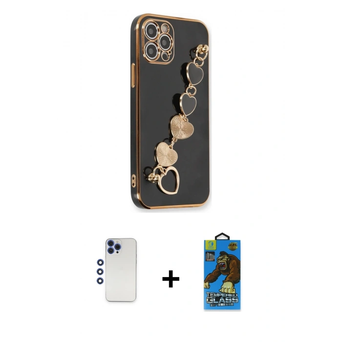 MARSİLYAN™- iPhone 12 Pro Max Kılıf Nova Işık Prime - Siyah 18D Cam Ekran Koruyucu + Shine Kamera Lens - LT
