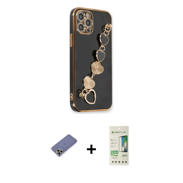 MARSİLYAN™- iPhone 12 Pro Max Kılıf Nova Işık Prime - Siyah 20D Premium Cam Ekran Koruyucu + Gold Metal Kamera Lens Koruma Cam