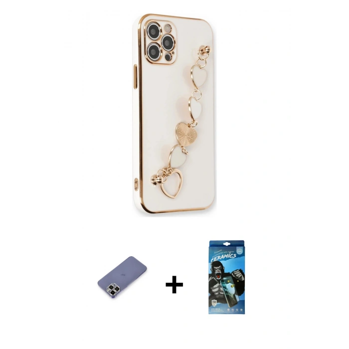 MARSİLYAN™- iPhone 12 Pro Max Kılıf Nova Işık Prime - Siyah 34D Izgaralı Cam + Gold Metal Kamera Lens Koruma Cam