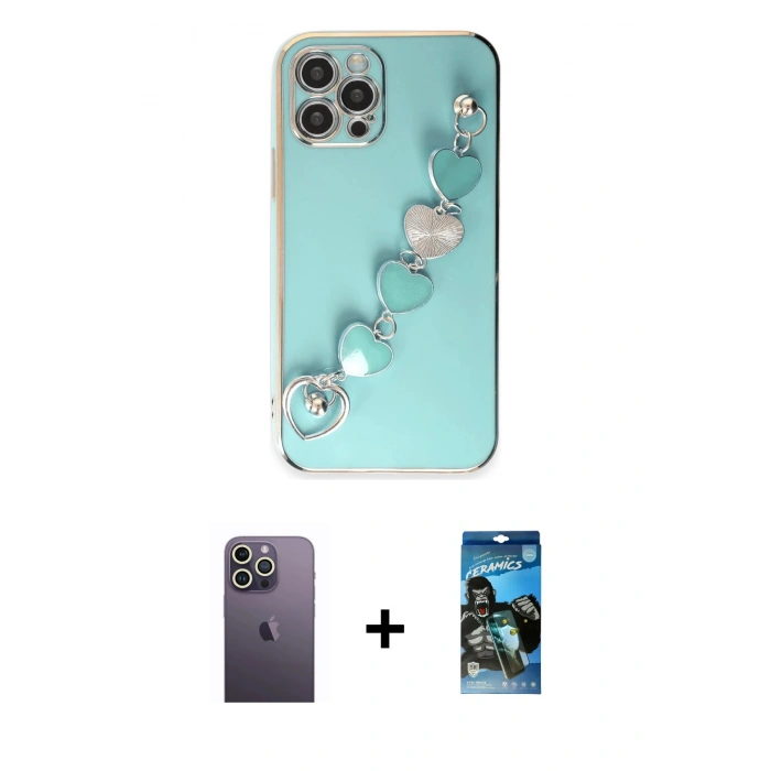 MARSİLYAN™- iPhone 12 Pro Max Kılıf Nova Işık Prime - Siyah 34D Izgaralı Cam + Neon Fosforlu Kamera Lens - BZ