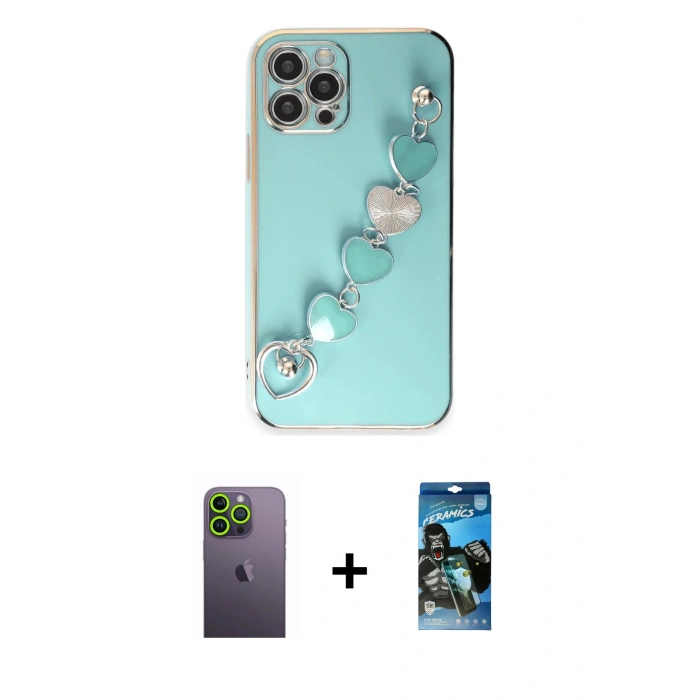 MARSİLYAN™- iPhone 12 Pro Max Kılıf Nova Işık Prime - Siyah 34D Izgaralı Cam + Neon Fosforlu Kamera Lens - YL