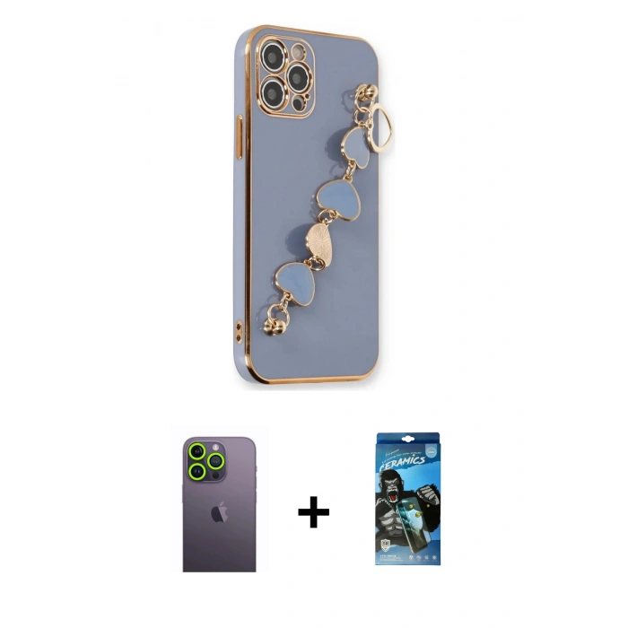 MARSİLYAN™- iPhone 12 Pro Max Kılıf Nova Işık Prime - Siyah 34D Izgaralı Cam + Neon Fosforlu Kamera Lens - YL