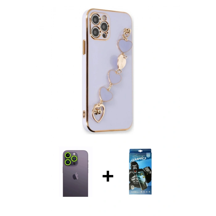MARSİLYAN™- iPhone 12 Pro Max Kılıf Nova Işık Prime - Siyah 34D Izgaralı Cam + Neon Fosforlu Kamera Lens - YL