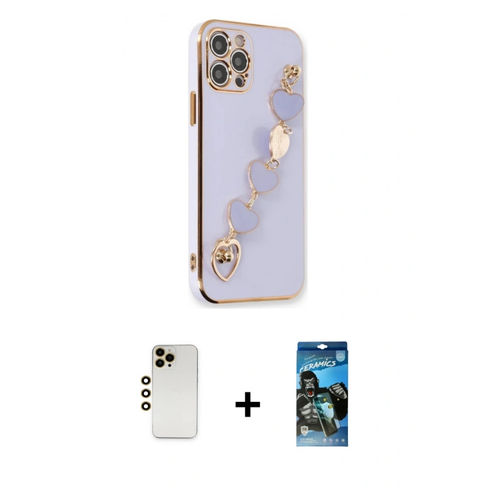 MARSİLYAN™- iPhone 12 Pro Max Kılıf Nova Işık Prime - Siyah 34D Izgaralı Cam + Shine Kamera Lens - GD
