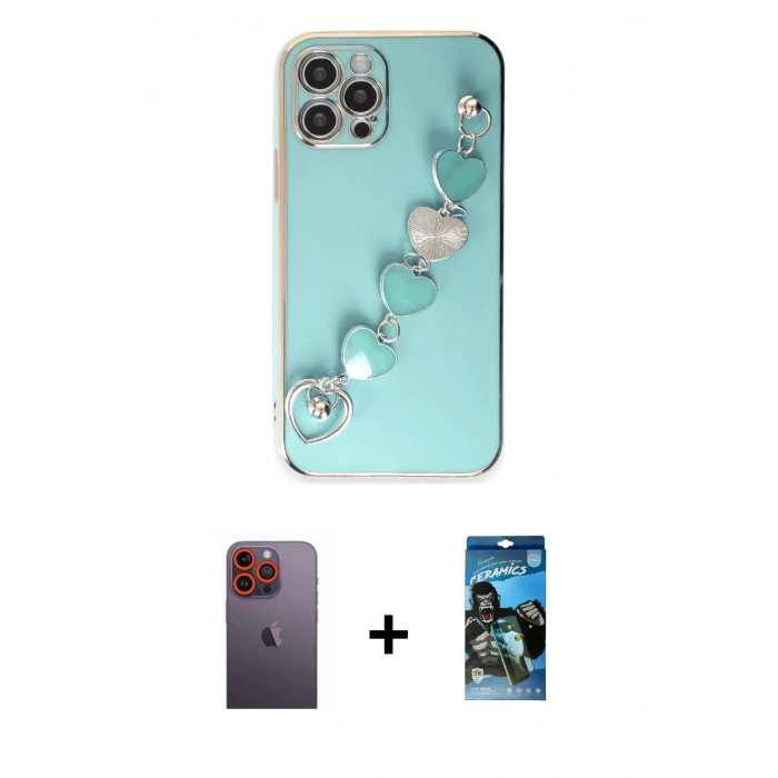 MARSİLYAN™- iPhone 12 Pro Max Kılıf Nova Işık Prime - Siyah 34D Izgaralı Cam + Neon Fosforlu Kamera Lens - TU