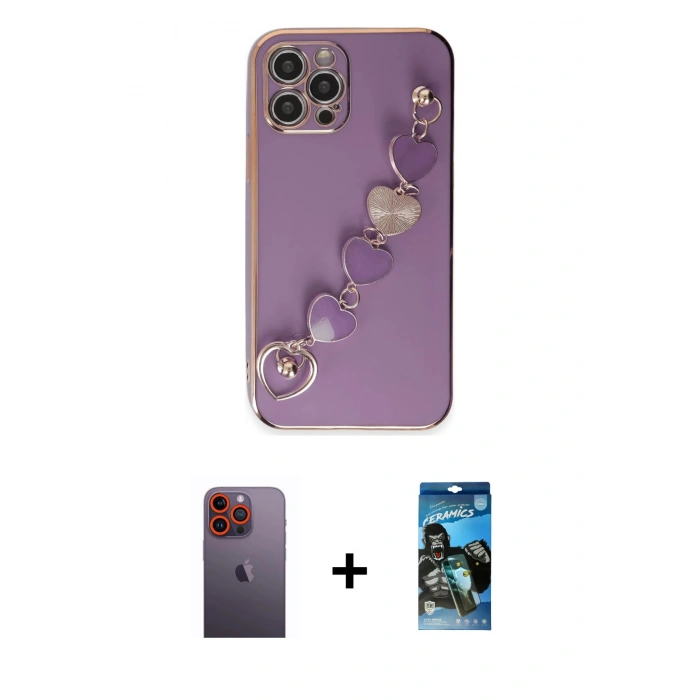 MARSİLYAN™- iPhone 12 Pro Max Kılıf Nova Işık Prime - Siyah 34D Izgaralı Cam + Neon Fosforlu Kamera Lens - TU