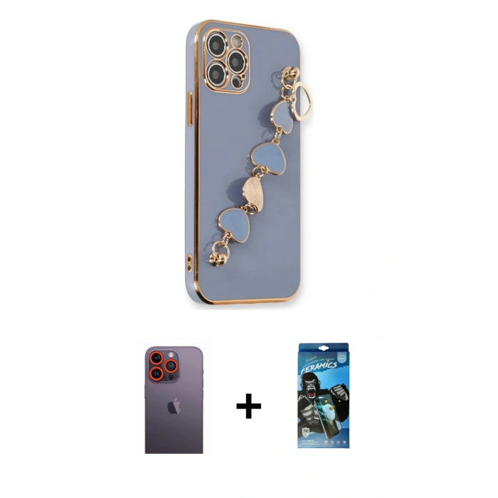 MARSİLYAN™- iPhone 12 Pro Max Kılıf Nova Işık Prime - Siyah 34D Izgaralı Cam + Neon Fosforlu Kamera Lens - TU