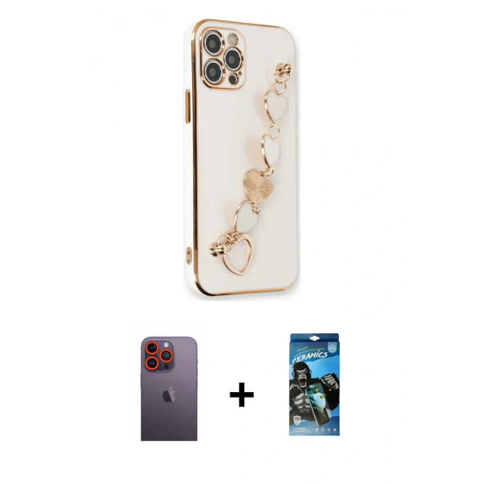 MARSİLYAN™- iPhone 12 Pro Max Kılıf Nova Işık Prime - Siyah 34D Izgaralı Cam + Neon Fosforlu Kamera Lens - TU