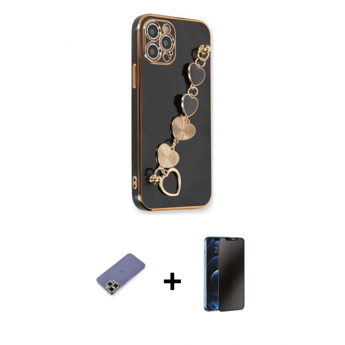 MARSİLYAN™- iPhone 12 Pro Max Kılıf Nova Işık Prime - Siyah 3D Antistatik Hayalet Cam Ekran Koruyucu + Metal Kamera Lens Koruma Cam - GD